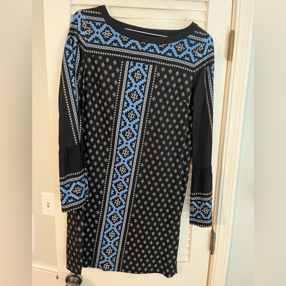 LOFT Black Dress with Light Blue Geometric Print and Bell Sleeves